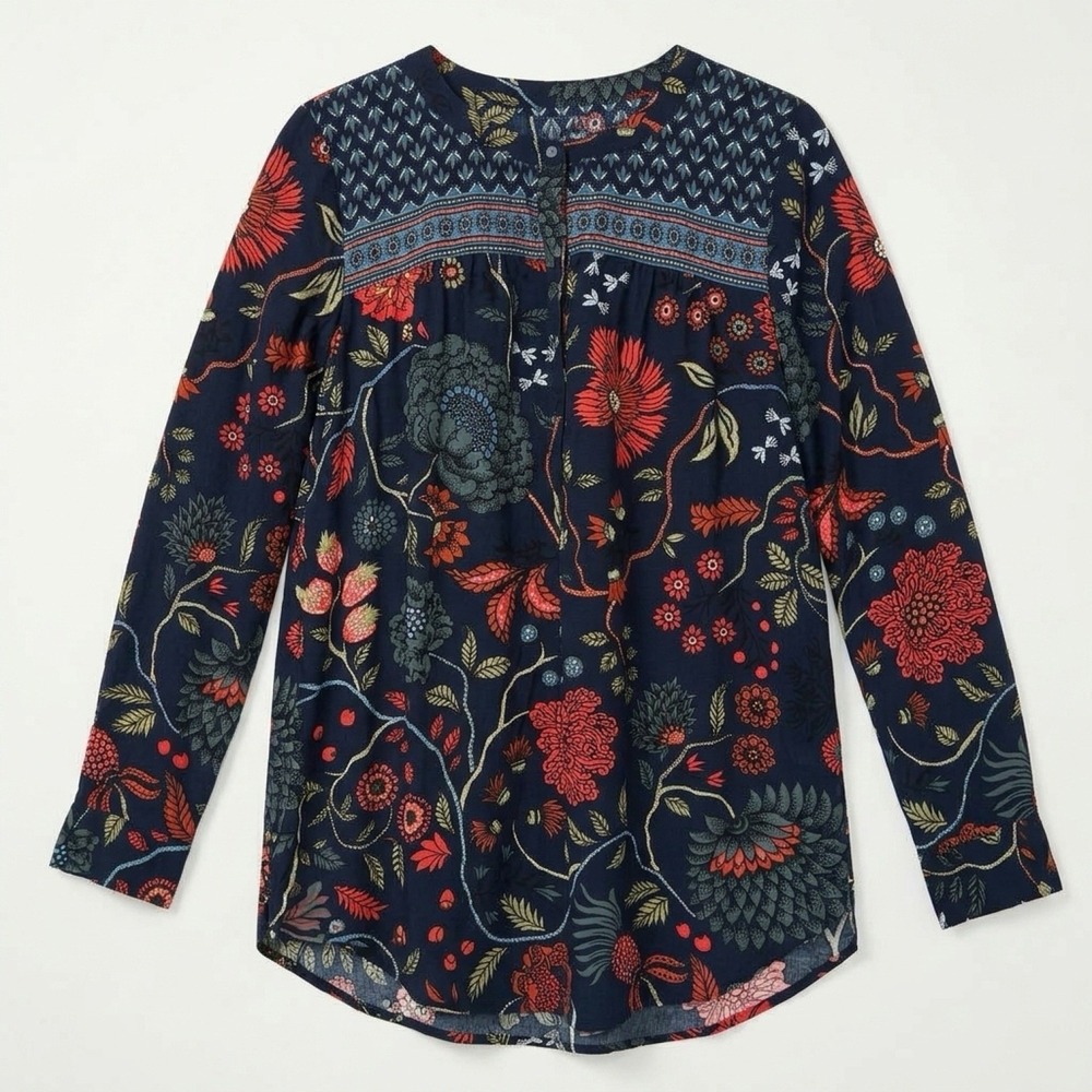 Loft Floral Tunic Blouse Women Small Navy Blue Boho Peasant Long Sleeve